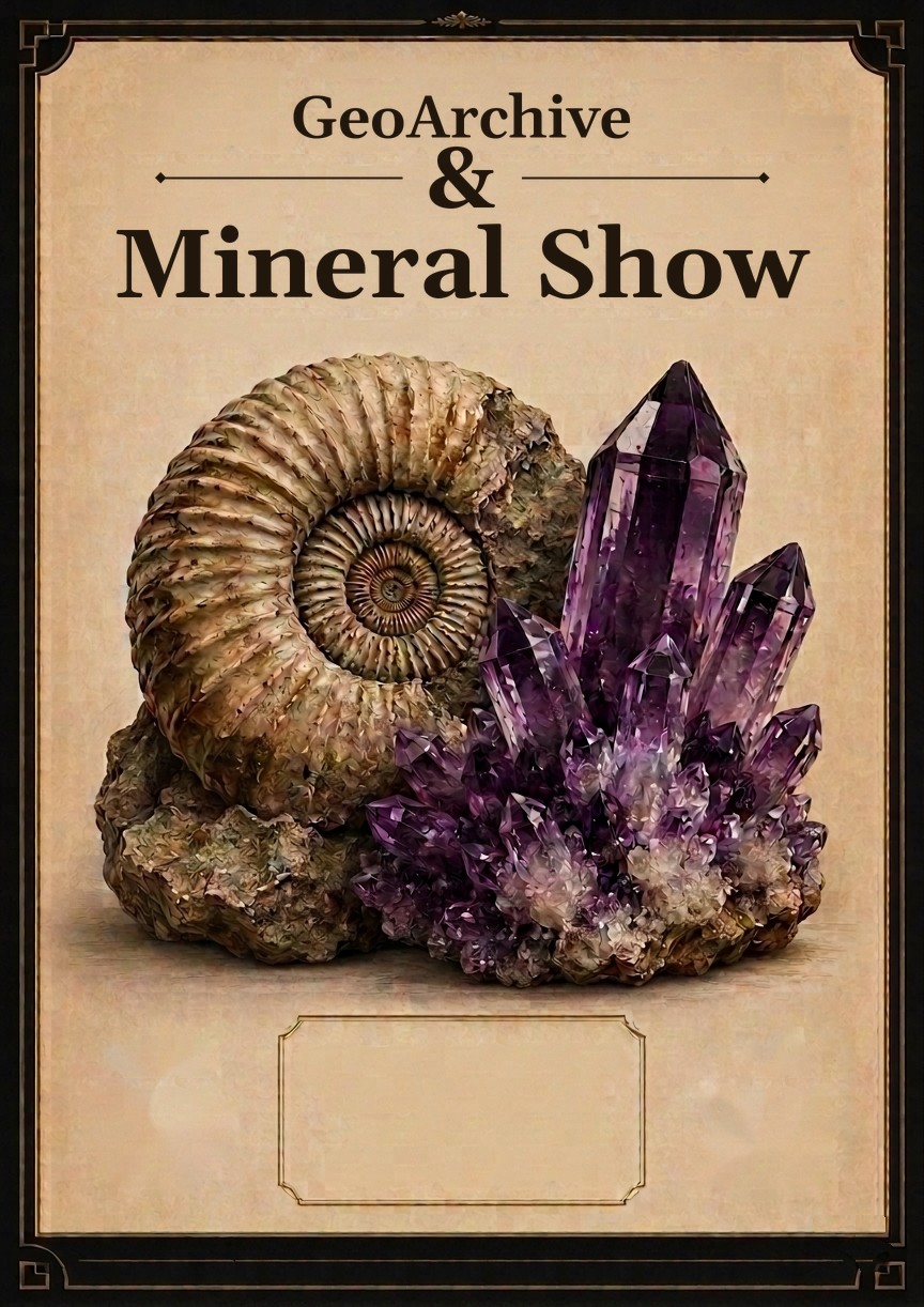 Geo Archive & Mineral Show 포스터 — 암모나이트와 자수정 표본